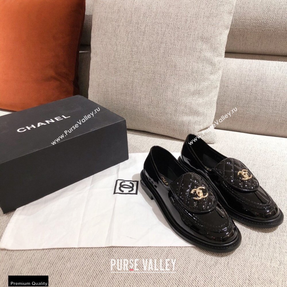 Chanel CC Logo and Quilting Flap Loafers Patent Black 2021 (kaola-21011613)