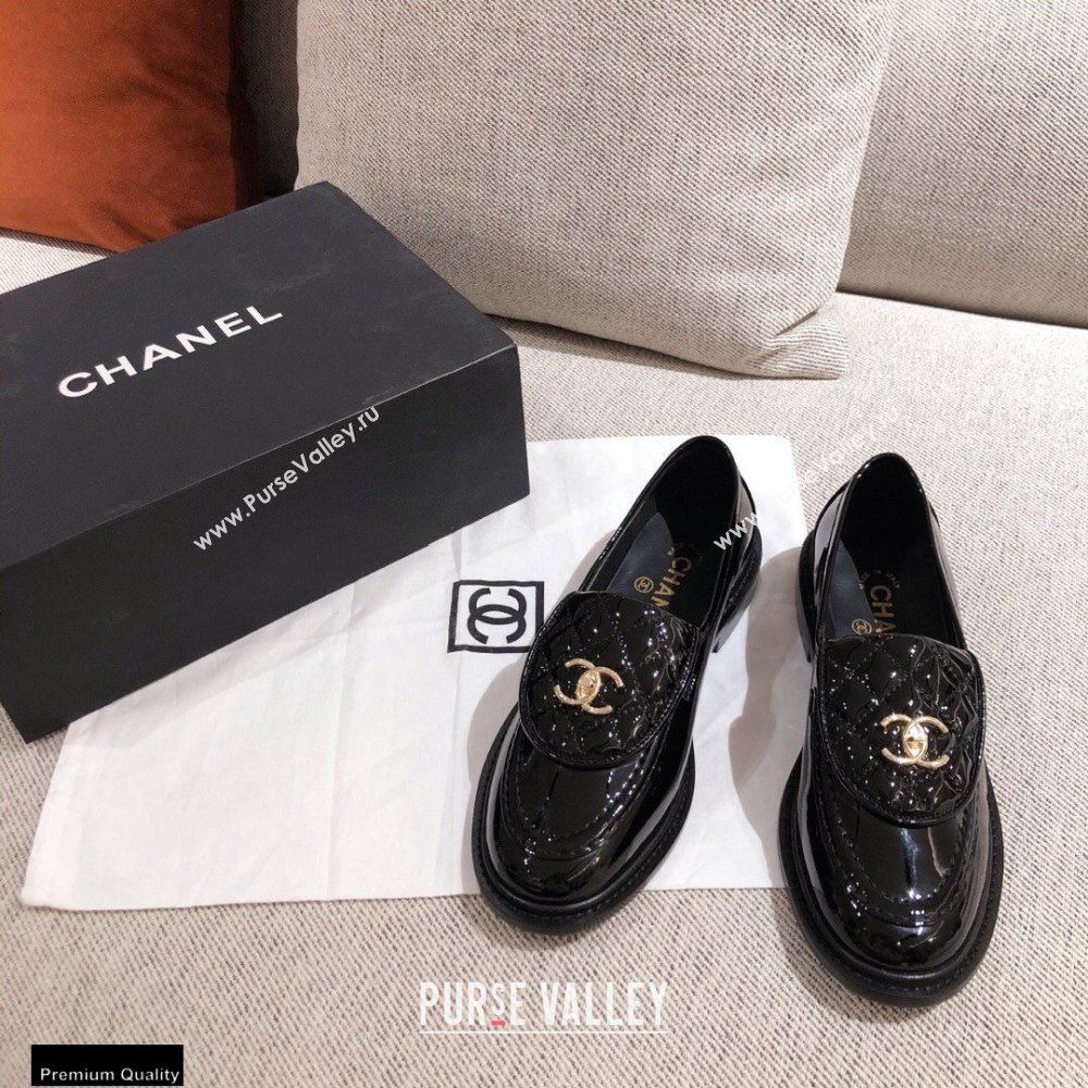 Chanel CC Logo and Quilting Flap Loafers Patent Black 2021 (kaola-21011613)