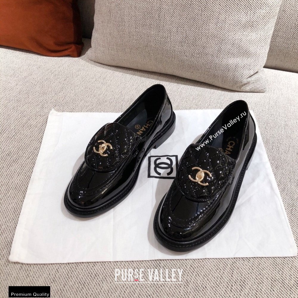 Chanel CC Logo and Quilting Flap Loafers Patent Black 2021 (kaola-21011613)