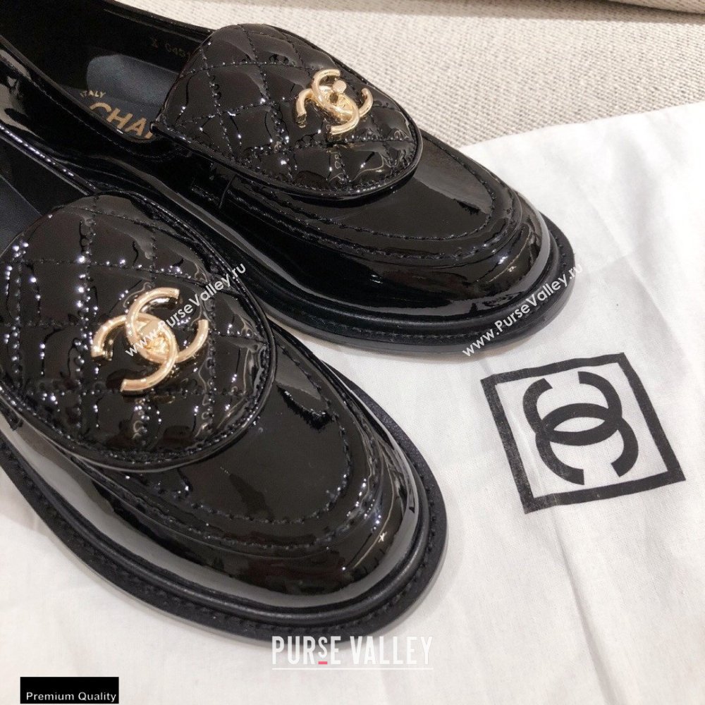 Chanel CC Logo and Quilting Flap Loafers Patent Black 2021 (kaola-21011613)