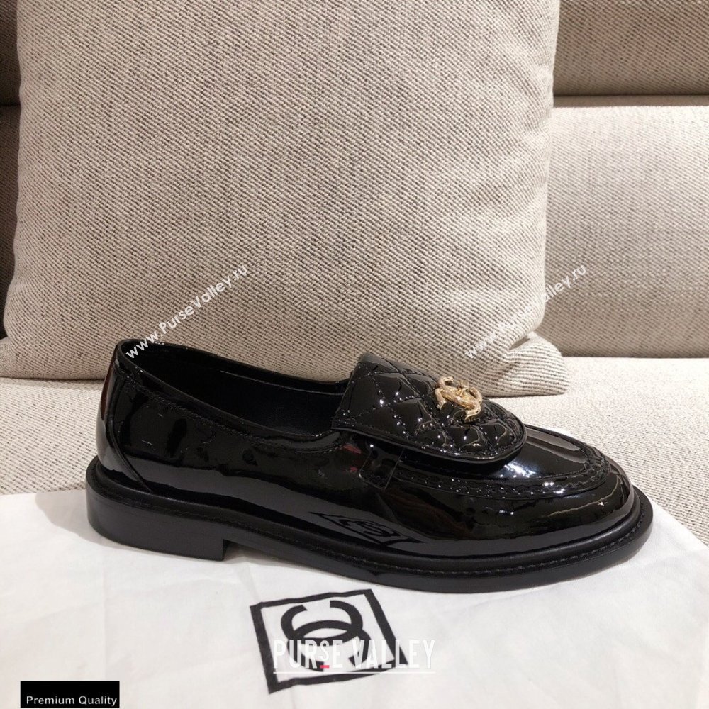 Chanel CC Logo and Quilting Flap Loafers Patent Black 2021 (kaola-21011613)
