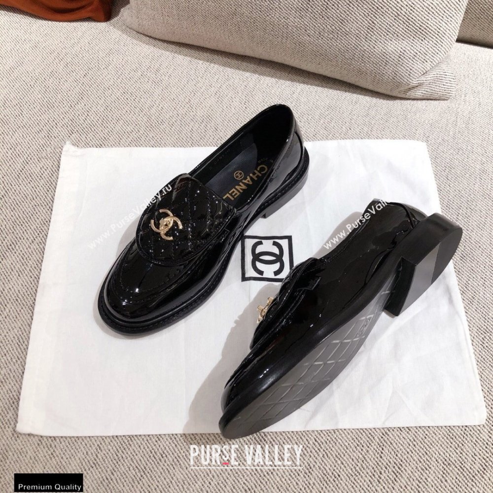Chanel CC Logo and Quilting Flap Loafers Patent Black 2021 (kaola-21011613)