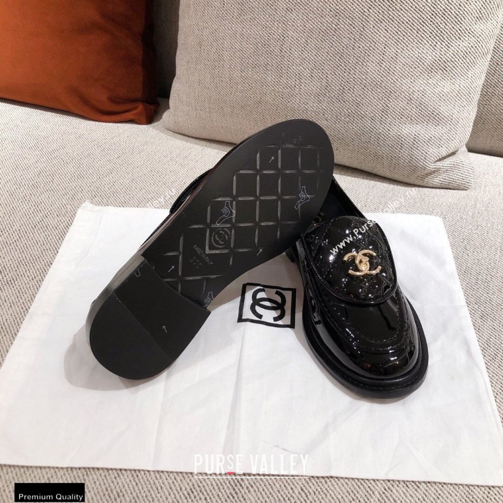 Chanel CC Logo and Quilting Flap Loafers Patent Black 2021 (kaola-21011613)
