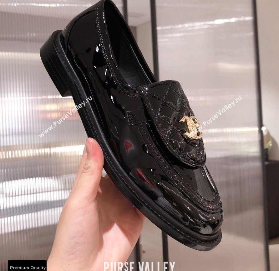 Chanel CC Logo and Quilting Flap Loafers Patent Black 2021 (kaola-21011613)