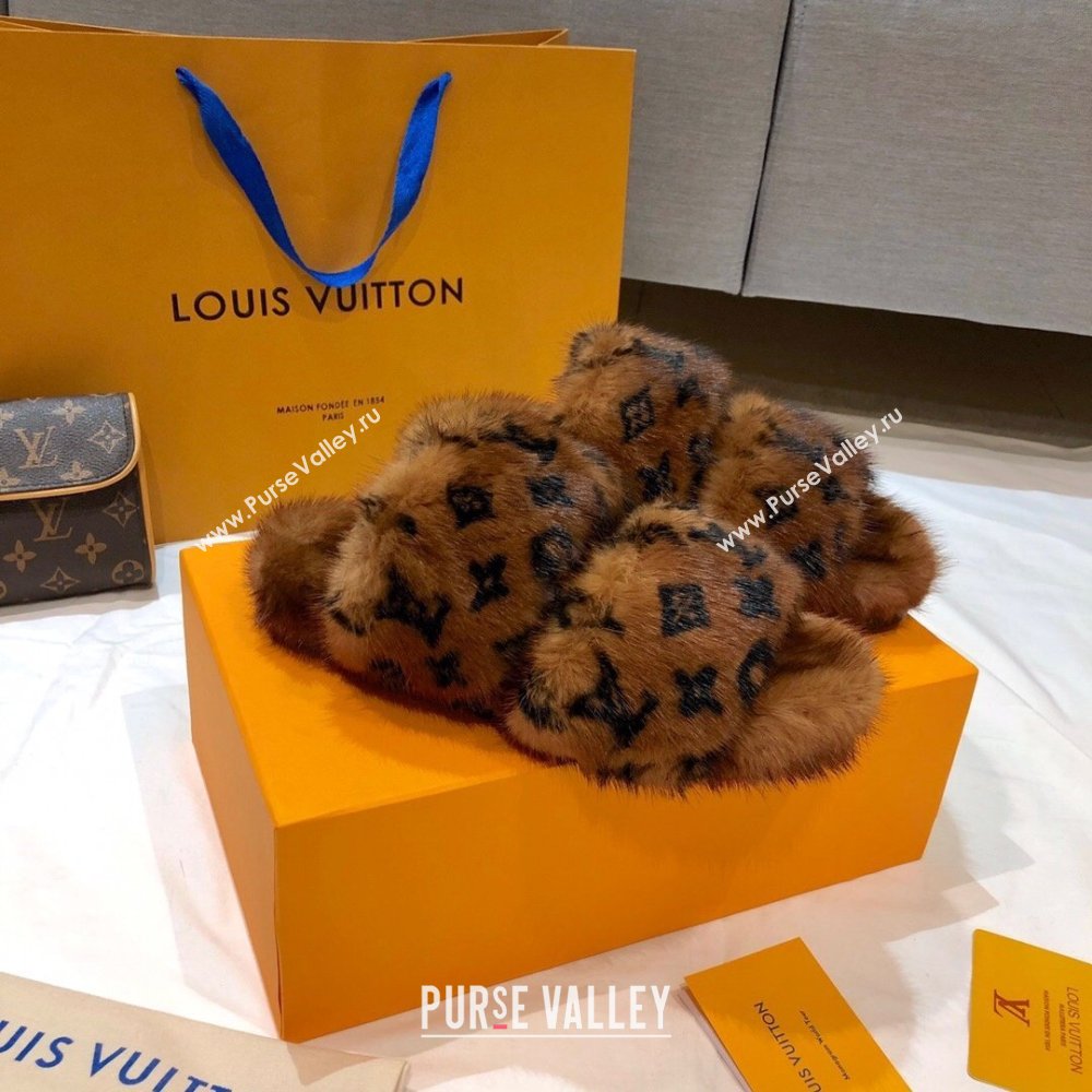 Louis Vuitton Mink Fur Bom Dia Flat Mules Brown 2021 (modeng-21012001)