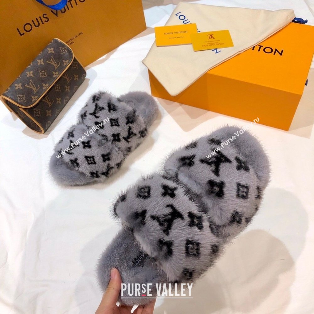 Louis Vuitton Mink Fur Bom Dia Flat Mules Gray 2021 (modeng-21012002)