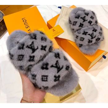 Louis Vuitton Mink Fur Bom Dia Flat Mules Gray 2021 (modeng-21012002)