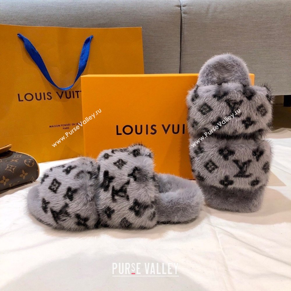 Louis Vuitton Mink Fur Bom Dia Flat Mules Gray 2021 (modeng-21012002)