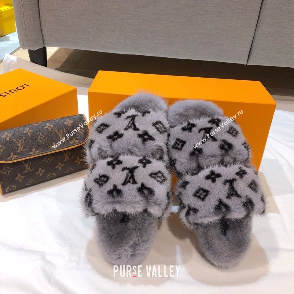 Louis Vuitton Mink Fur Bom Dia Flat Mules Gray 2021 (modeng-21012002)