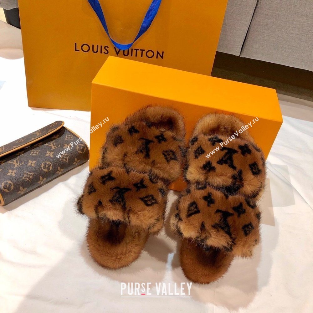 Louis Vuitton Mink Fur Bom Dia Flat Mules Brown 2021 (modeng-21012001)
