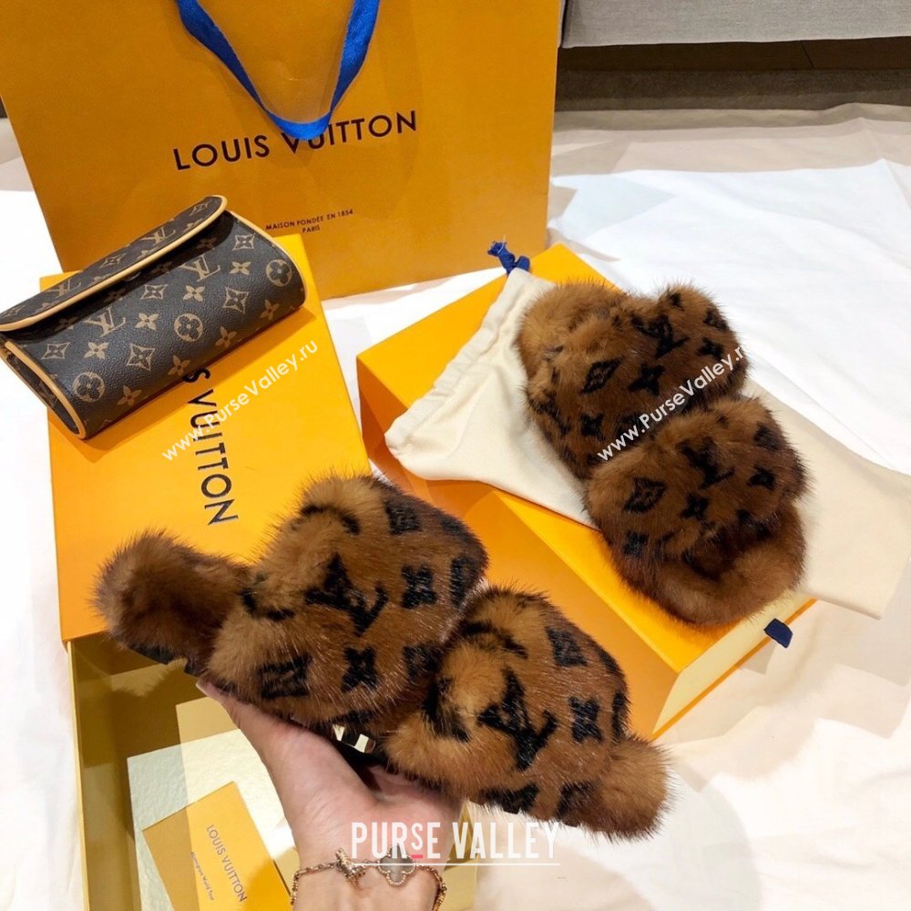 Louis Vuitton Mink Fur Bom Dia Flat Mules Brown 2021 (modeng-21012001)