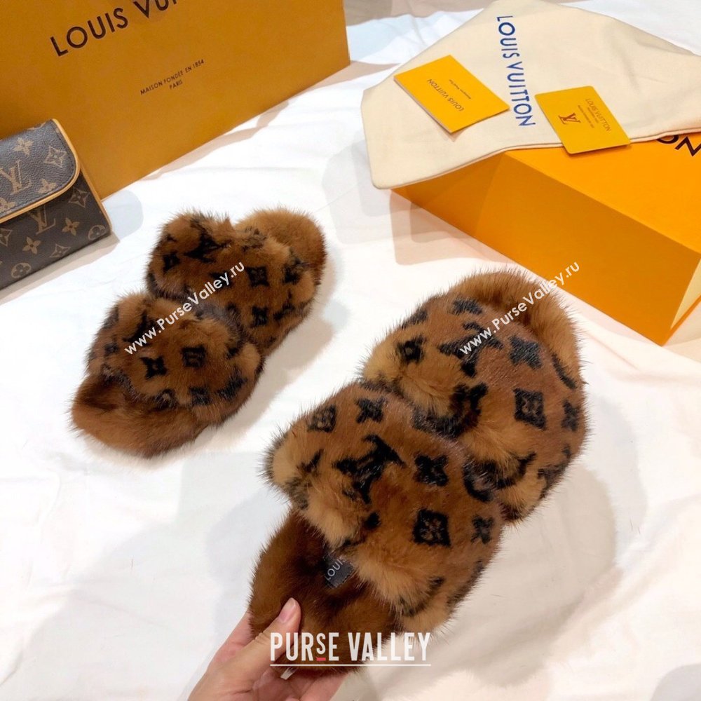 Louis Vuitton Mink Fur Bom Dia Flat Mules Brown 2021 (modeng-21012001)