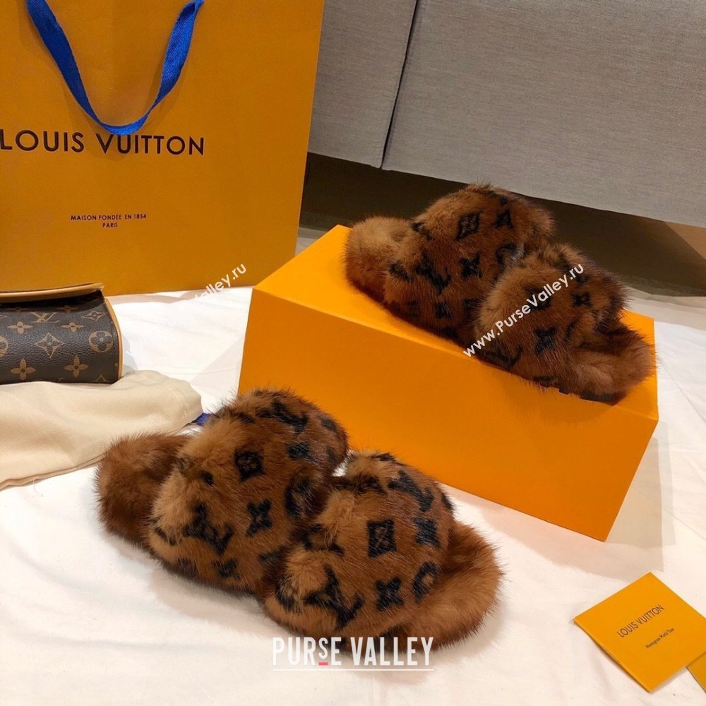 Louis Vuitton Mink Fur Bom Dia Flat Mules Brown 2021 (modeng-21012001)