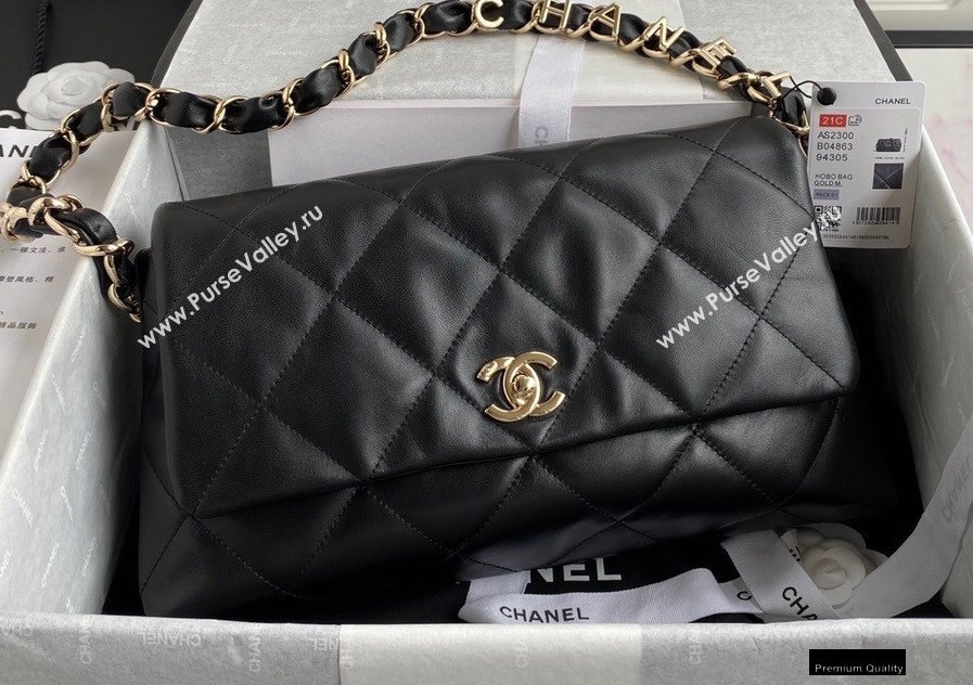 Chanel Lambskin Medium Flap Bag with Logo Strap AS2300 Black 2021 (jiyuan/haoyun-21012202)