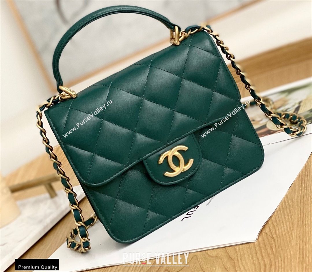 Chanel Mini Classic Flap Bag with Top Handle Dark Green 2021 (yingfeng-21012207)