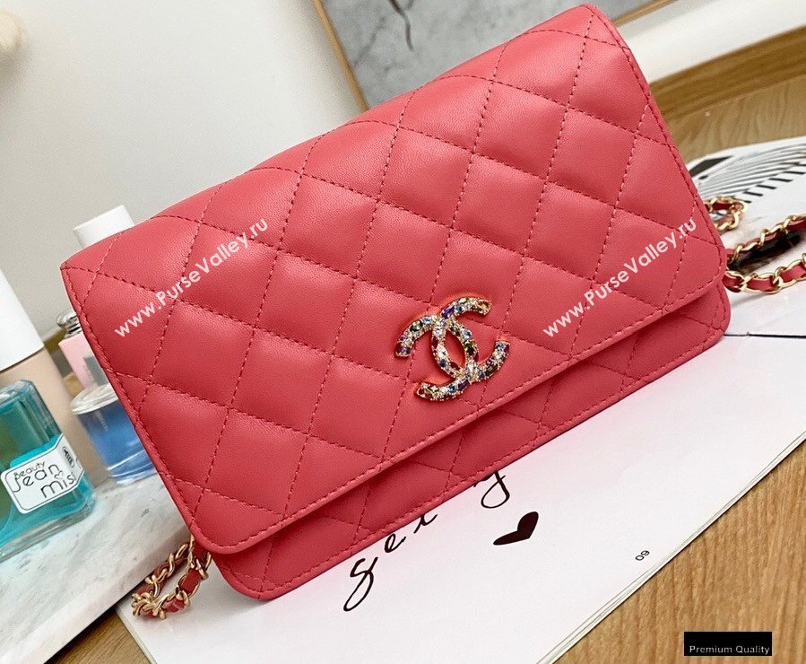 Chanel Zirconium Crystal CC Logo Wallet on Chain WOC Bag AP1943 Coral Pink 2021 (yingfeng-21012222)