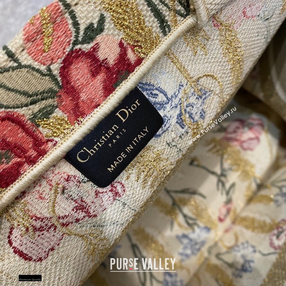 Dior Small Book Tote Bag in Beige Multicolor Hibiscus Metallic Thread Embroidery 2021 (vivi-2112303)