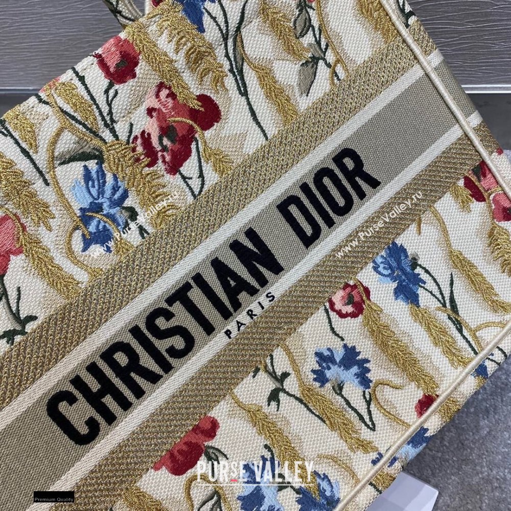 Dior Small Book Tote Bag in Beige Multicolor Hibiscus Metallic Thread Embroidery 2021 (vivi-2112303)