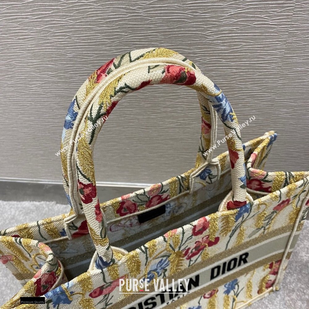 Dior Small Book Tote Bag in Beige Multicolor Hibiscus Metallic Thread Embroidery 2021 (vivi-2112303)