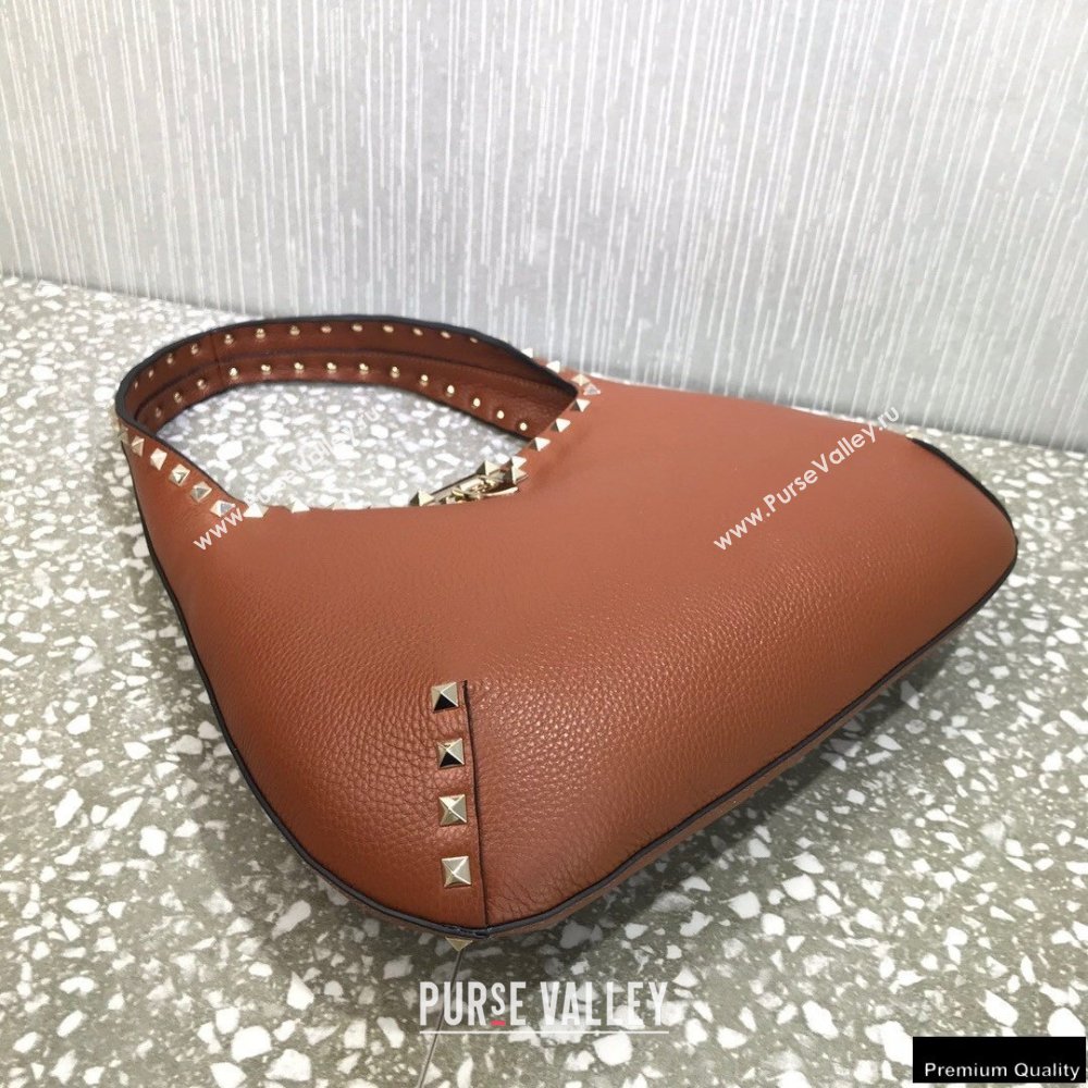 Valentino Small Rockstud Grainy Calfskin Hobo Bag Brown 2021 (liankafo-21012910)