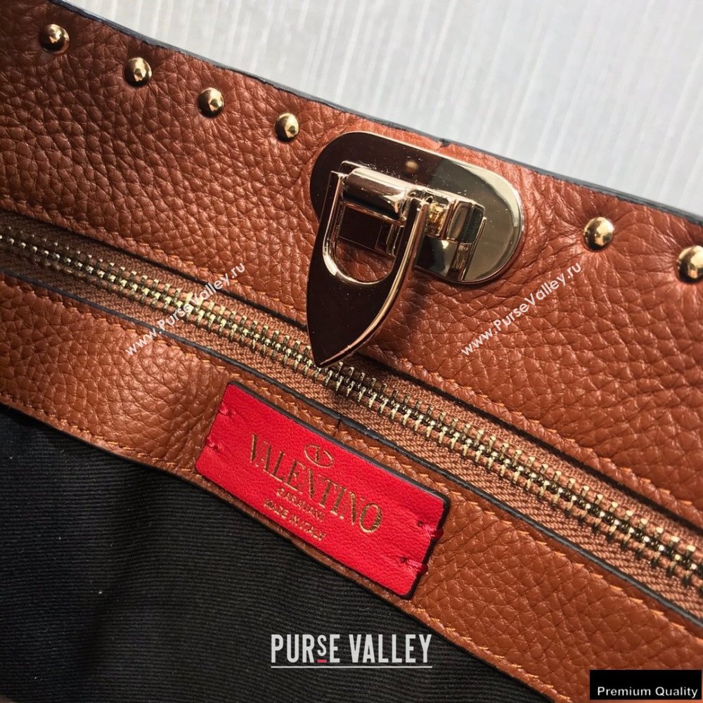 Valentino Small Rockstud Grainy Calfskin Hobo Bag Brown 2021 (liankafo-21012910)