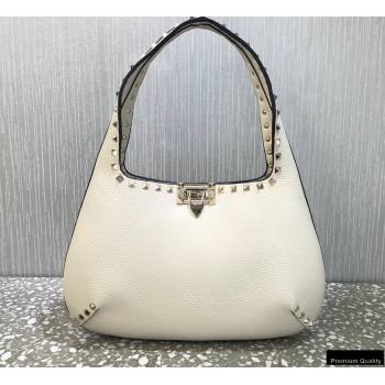 Valentino Small Rockstud Grainy Calfskin Hobo Bag White 2021 (liankafo-21012912)