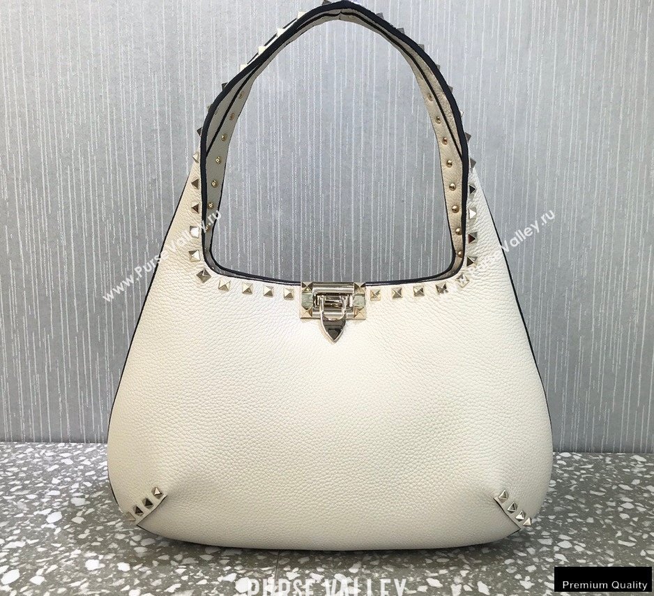 Valentino Small Rockstud Grainy Calfskin Hobo Bag White 2021 (liankafo-21012912)