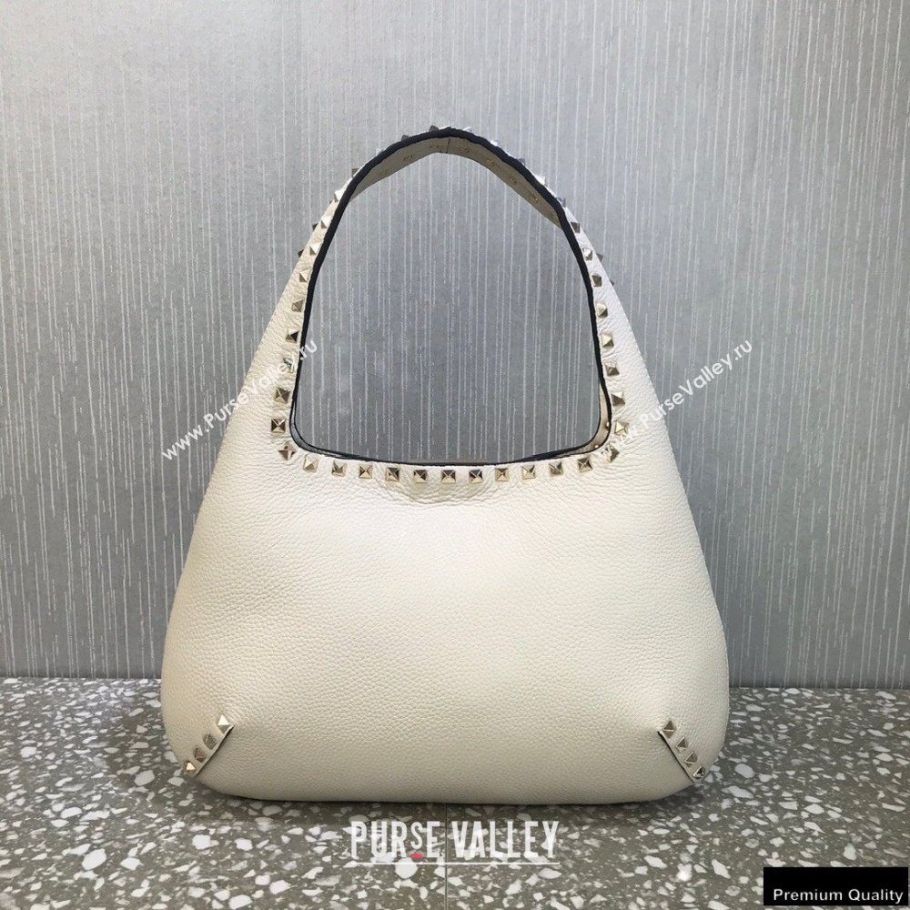 Valentino Small Rockstud Grainy Calfskin Hobo Bag White 2021 (liankafo-21012912)