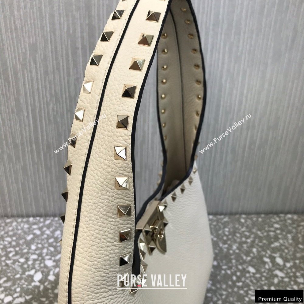 Valentino Small Rockstud Grainy Calfskin Hobo Bag White 2021 (liankafo-21012912)