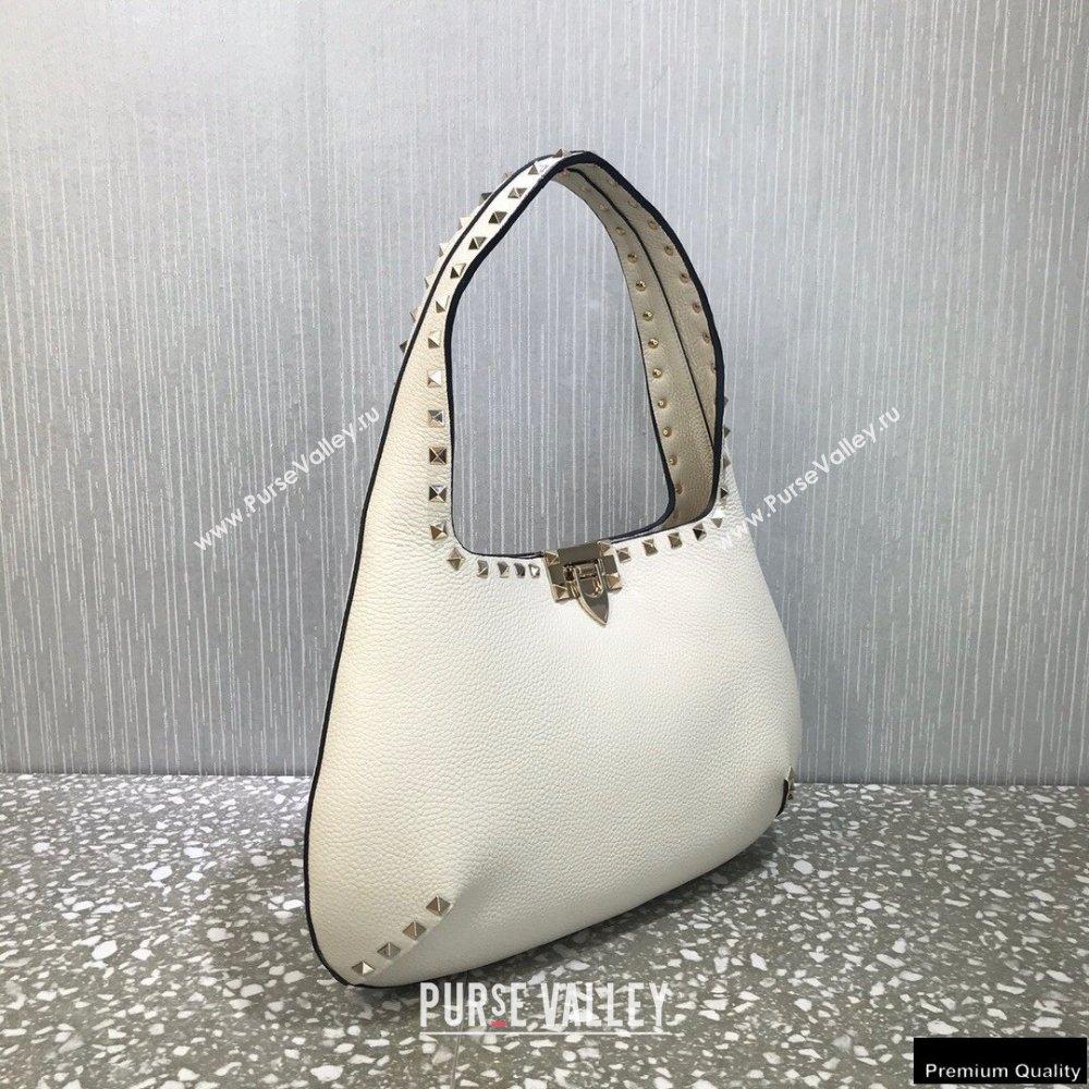 Valentino Small Rockstud Grainy Calfskin Hobo Bag White 2021 (liankafo-21012912)