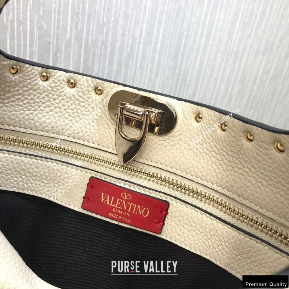 Valentino Small Rockstud Grainy Calfskin Hobo Bag White 2021 (liankafo-21012912)