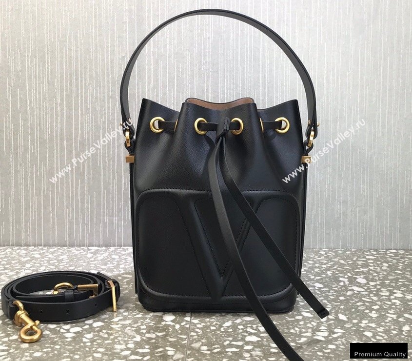 Valentino VLogo Walk Calfskin Bucket Bag Black 2021 (liankafo-21012901)