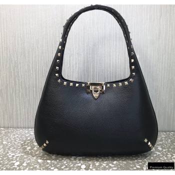 Valentino Small Rockstud Grainy Calfskin Hobo Bag Black 2021 (liankafo-21012909)