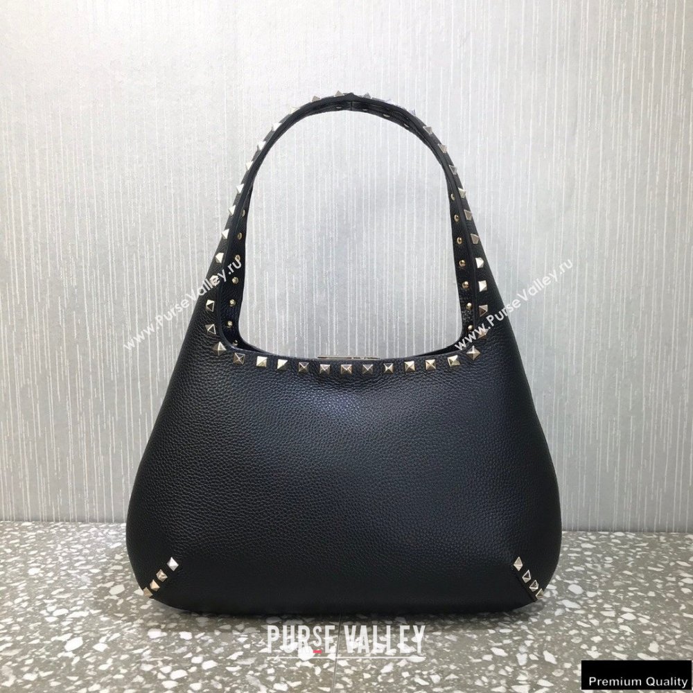 Valentino Small Rockstud Grainy Calfskin Hobo Bag Black 2021 (liankafo-21012909)