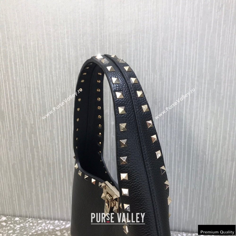 Valentino Small Rockstud Grainy Calfskin Hobo Bag Black 2021 (liankafo-21012909)