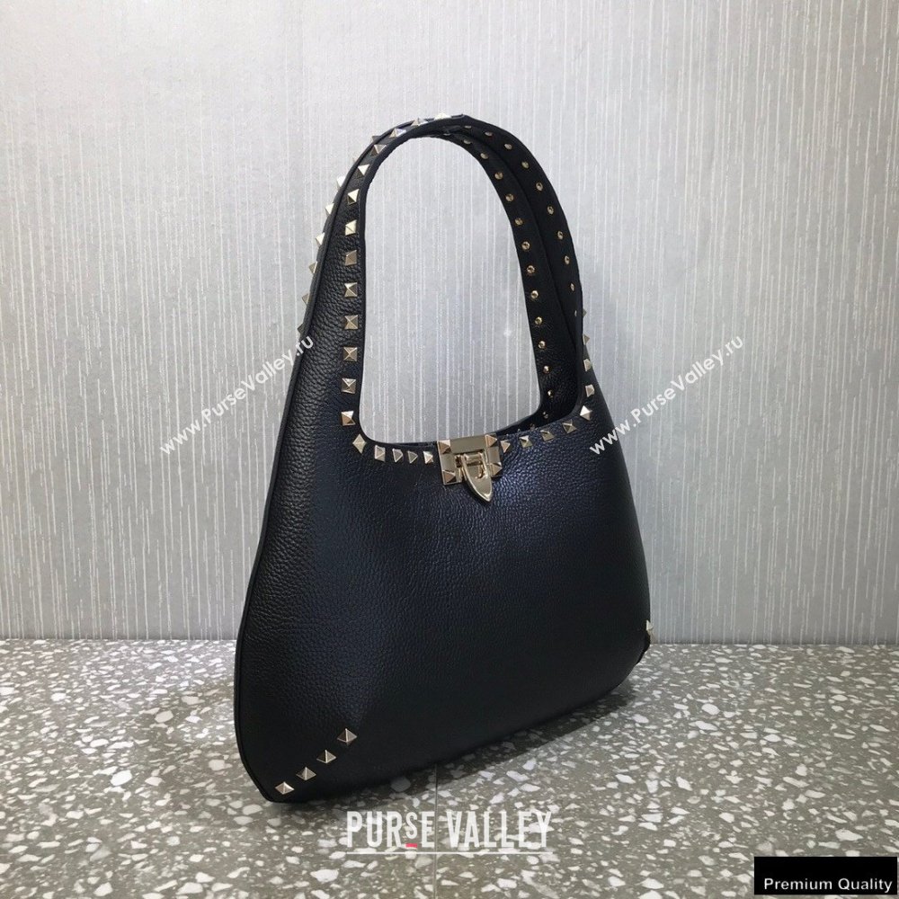 Valentino Small Rockstud Grainy Calfskin Hobo Bag Black 2021 (liankafo-21012909)