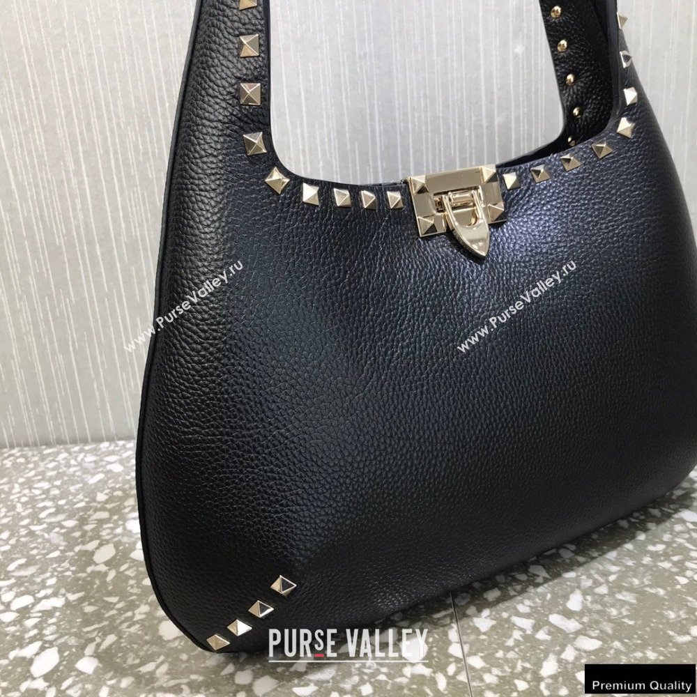 Valentino Small Rockstud Grainy Calfskin Hobo Bag Black 2021 (liankafo-21012909)