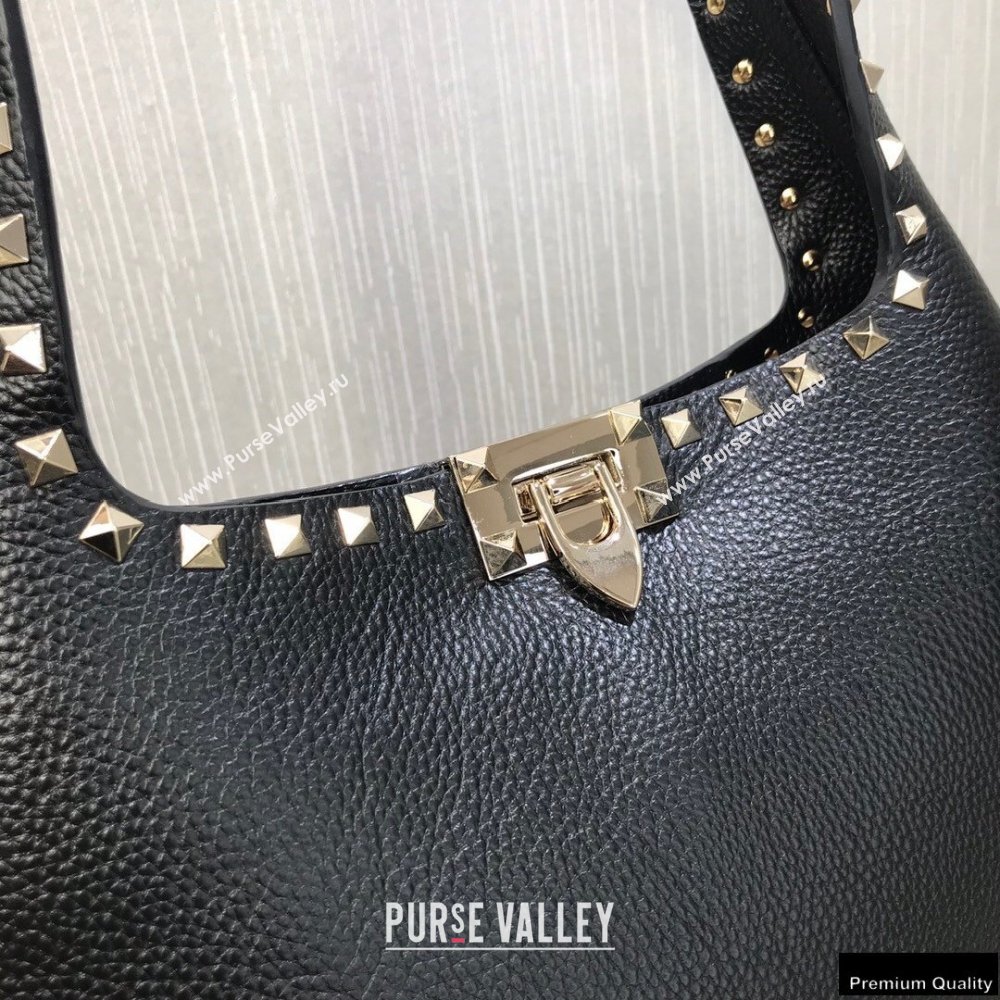 Valentino Small Rockstud Grainy Calfskin Hobo Bag Black 2021 (liankafo-21012909)