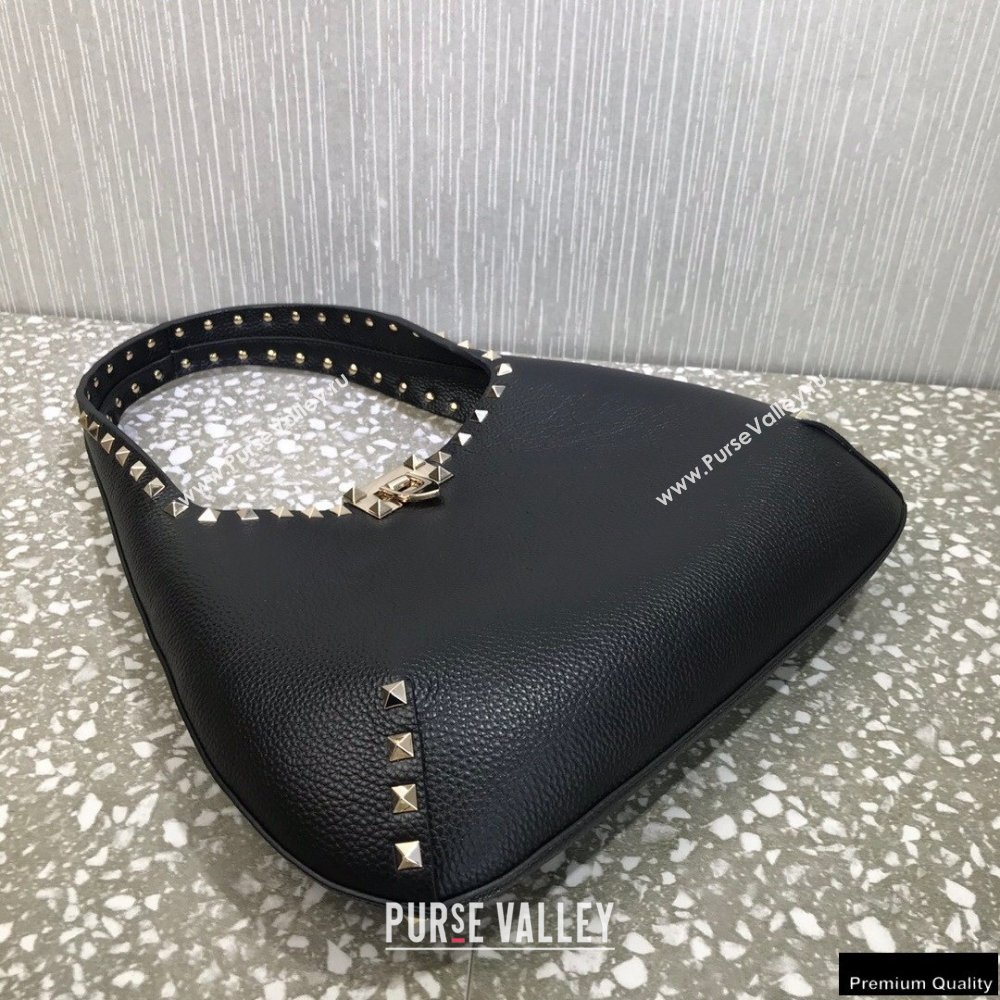 Valentino Small Rockstud Grainy Calfskin Hobo Bag Black 2021 (liankafo-21012909)