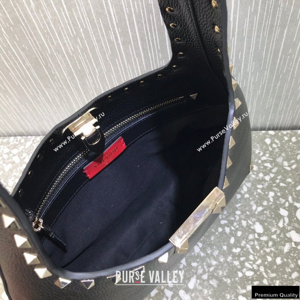 Valentino Small Rockstud Grainy Calfskin Hobo Bag Black 2021 (liankafo-21012909)