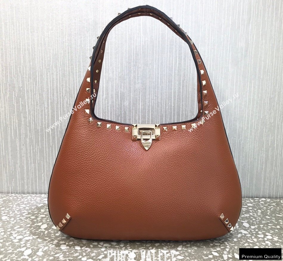 Valentino Small Rockstud Grainy Calfskin Hobo Bag Brown 2021 (liankafo-21012910)