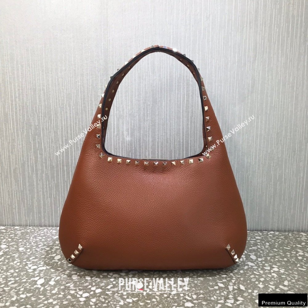 Valentino Small Rockstud Grainy Calfskin Hobo Bag Brown 2021 (liankafo-21012910)