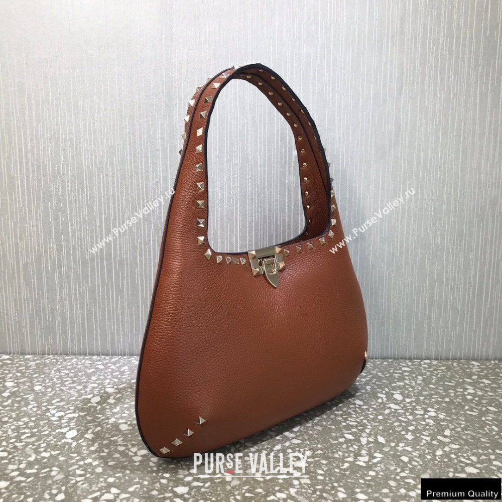 Valentino Small Rockstud Grainy Calfskin Hobo Bag Brown 2021 (liankafo-21012910)