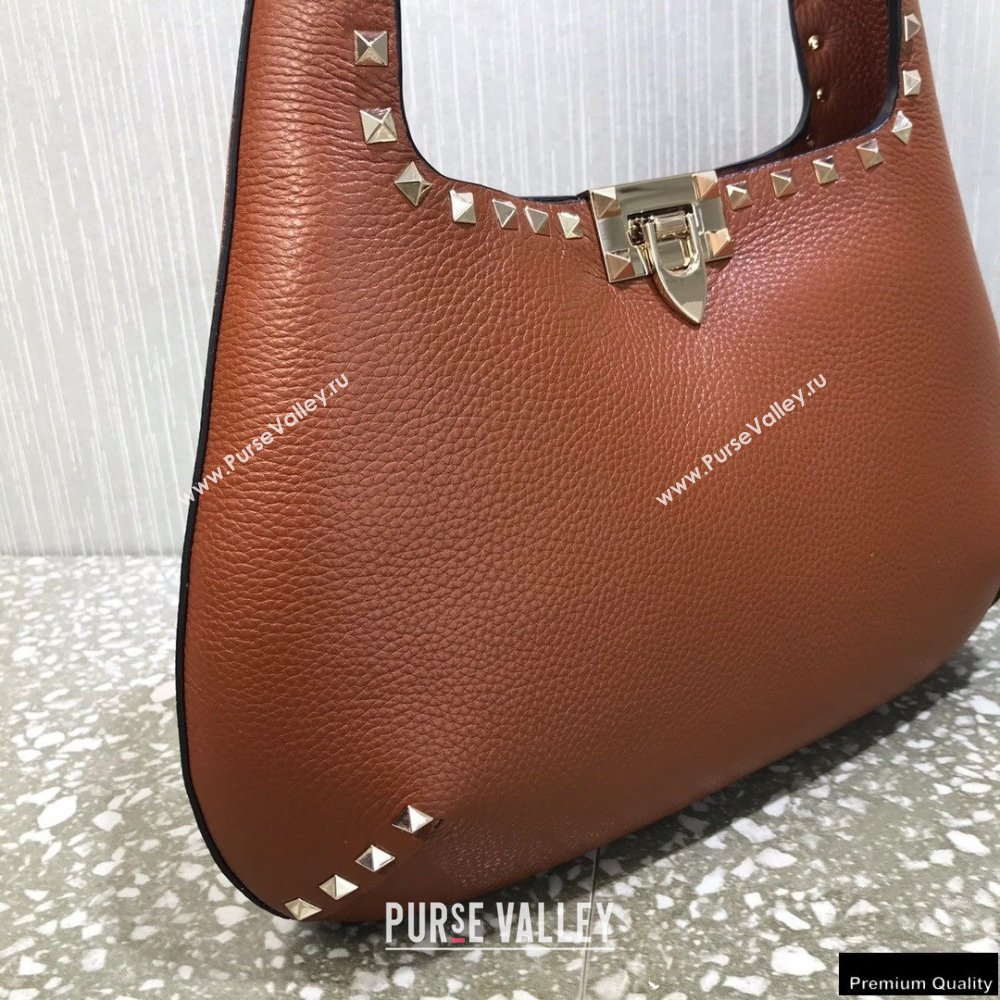 Valentino Small Rockstud Grainy Calfskin Hobo Bag Brown 2021 (liankafo-21012910)