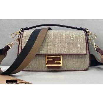 Fendi Medium Baguette Bag FF Embroidered Canvas Burgundy 2021 (chaoliu-21020102)