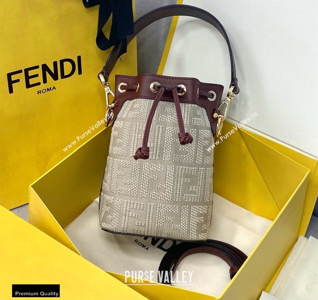 Fendi Mon Tresor Mini Bucket Bag FF Embroidered Canvas Burgundy 2021 (chaoliu-21020103)