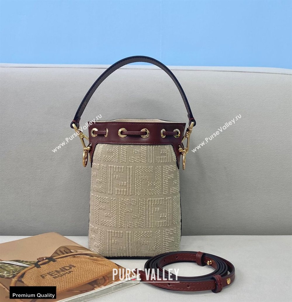 Fendi Mon Tresor Mini Bucket Bag FF Embroidered Canvas Burgundy 2021 (chaoliu-21020103)