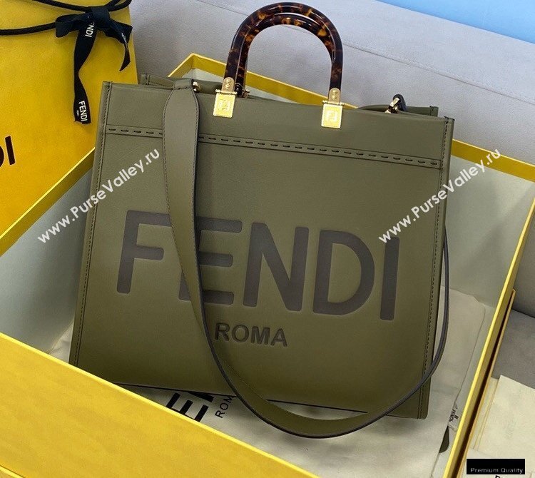 Fendi Leather Sunshine Medium Shopper Tote Bag Dark Green 2021 (chaoliu-21013007)