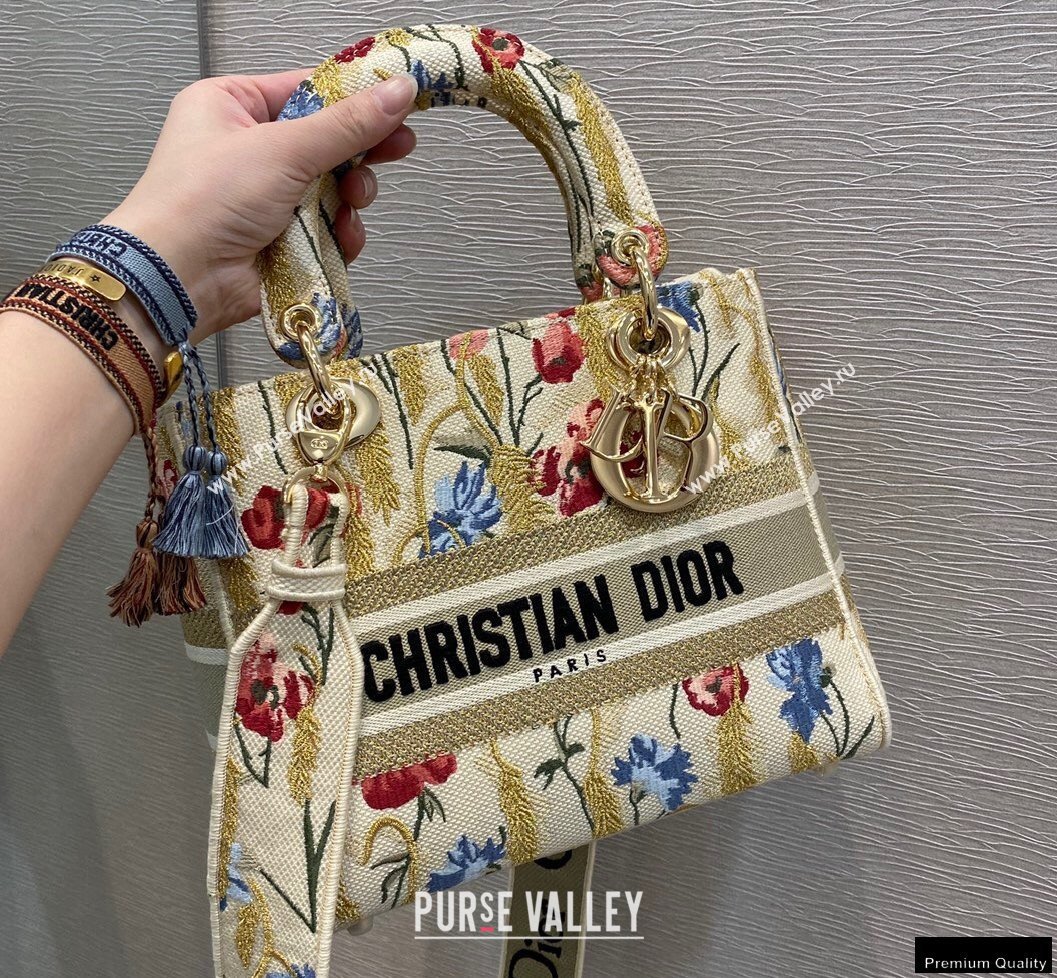 Lady Dior Medium Bag in Beige Multicolor Hibiscus Metallic Thread Embroidery 2021 (vivi-21022002)