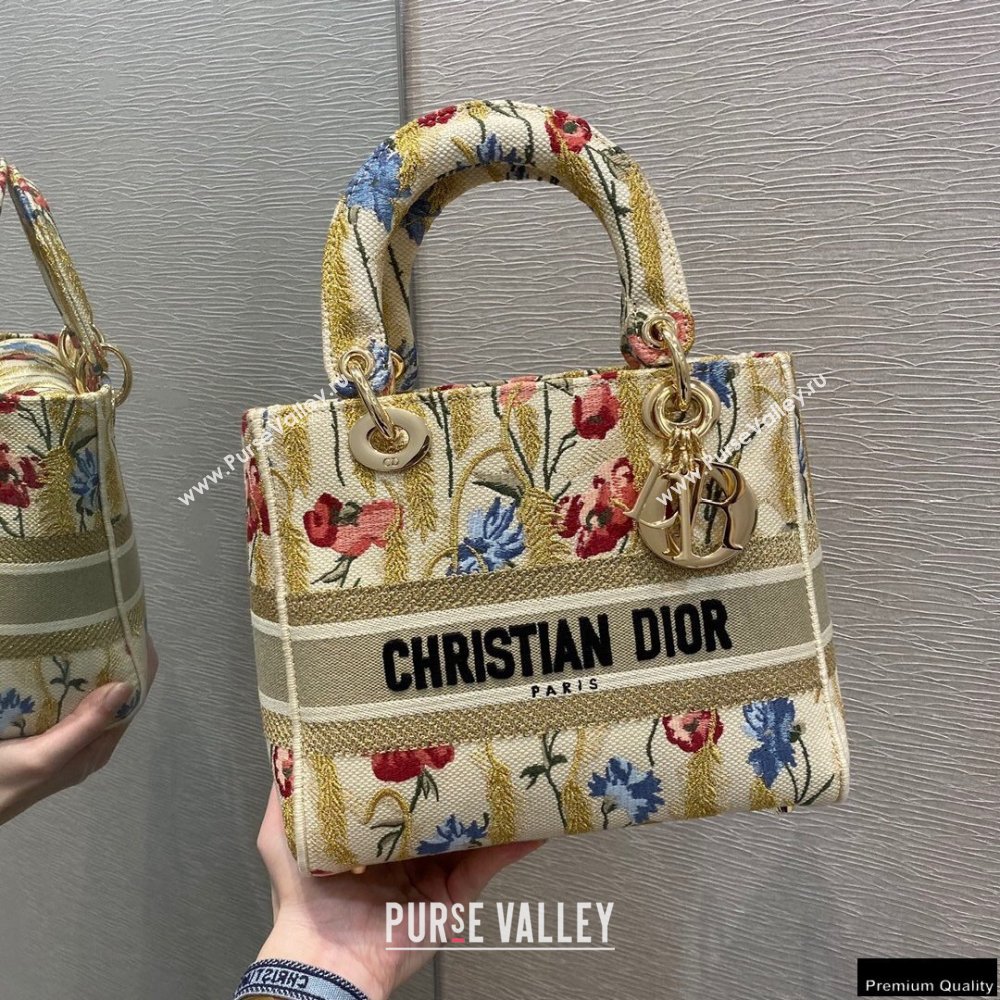 Lady Dior Medium Bag in Beige Multicolor Hibiscus Metallic Thread Embroidery 2021 (vivi-21022002)